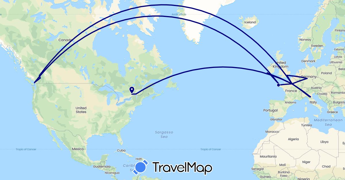 TravelMap itinerary: driving in Canada, Germany, France, United Kingdom, Ireland, Italy (Europe, North America)